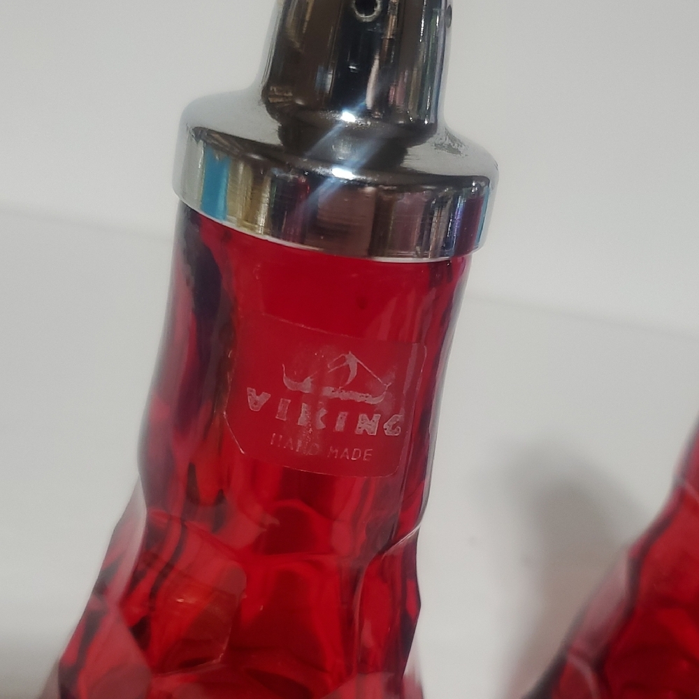 Ruby Red Viking Glass Salt and Pepper Shakers with Silver Tops - Picture 2 of 3